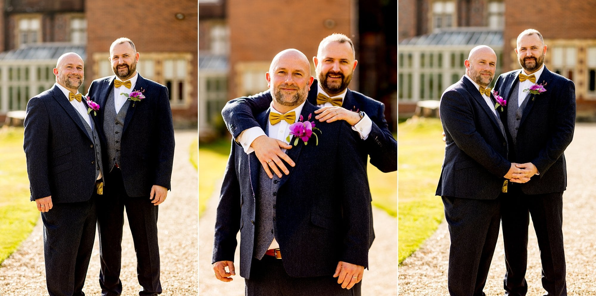 burley manor lgbtq wedding navy tweed suit gret waistcoat mustard yellow bow tie