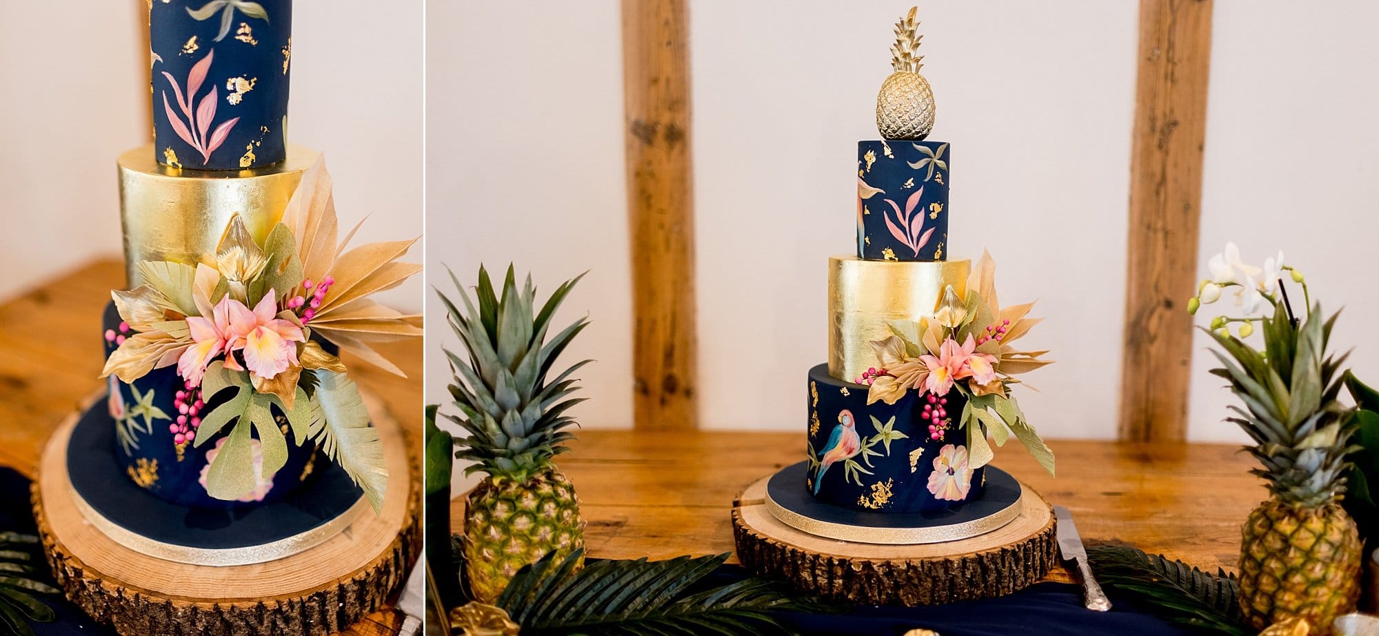 navy gold wedding cake tropical theme golden pineapple