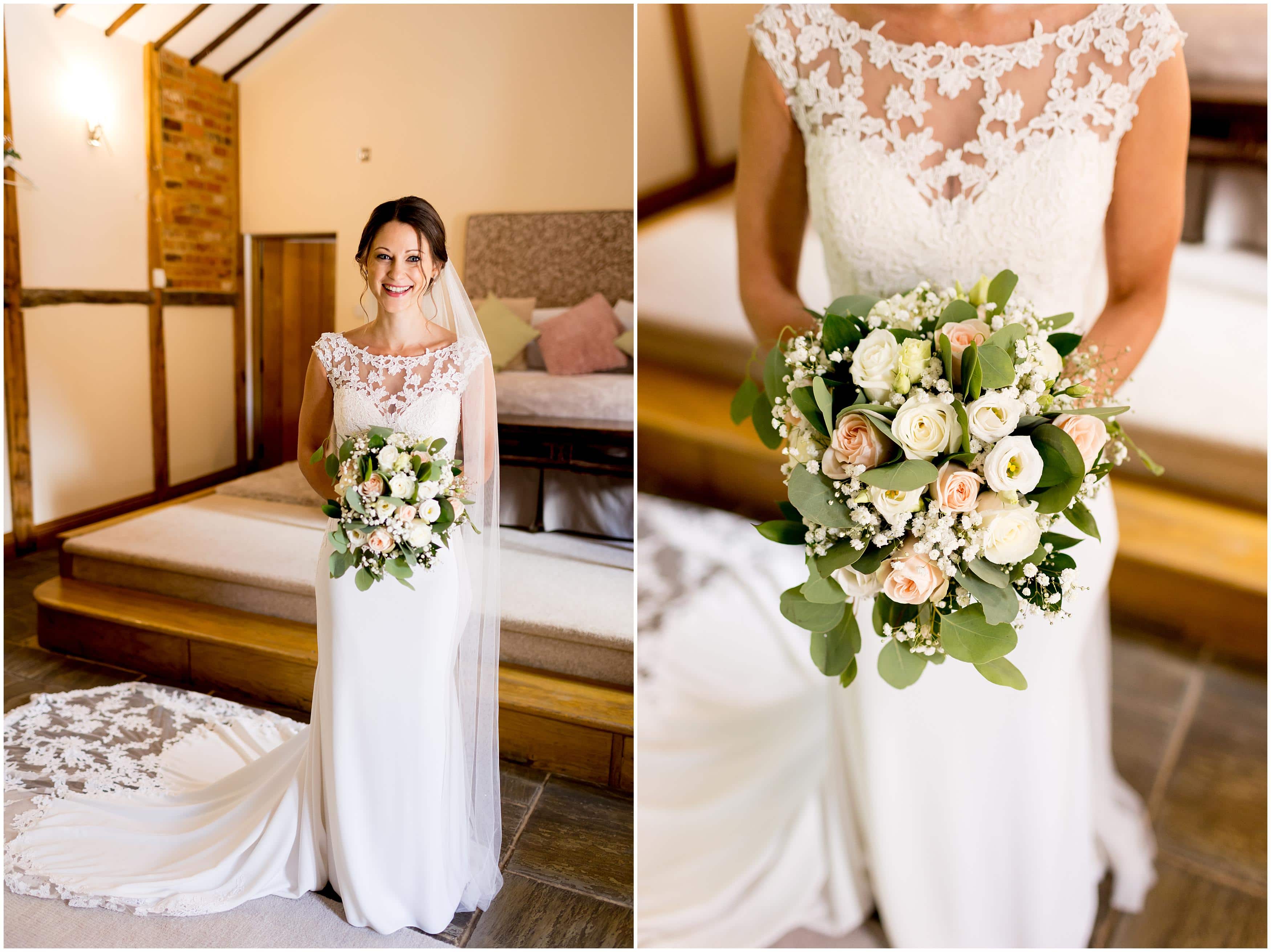 bride on the morning of the wedding in dress and flowers