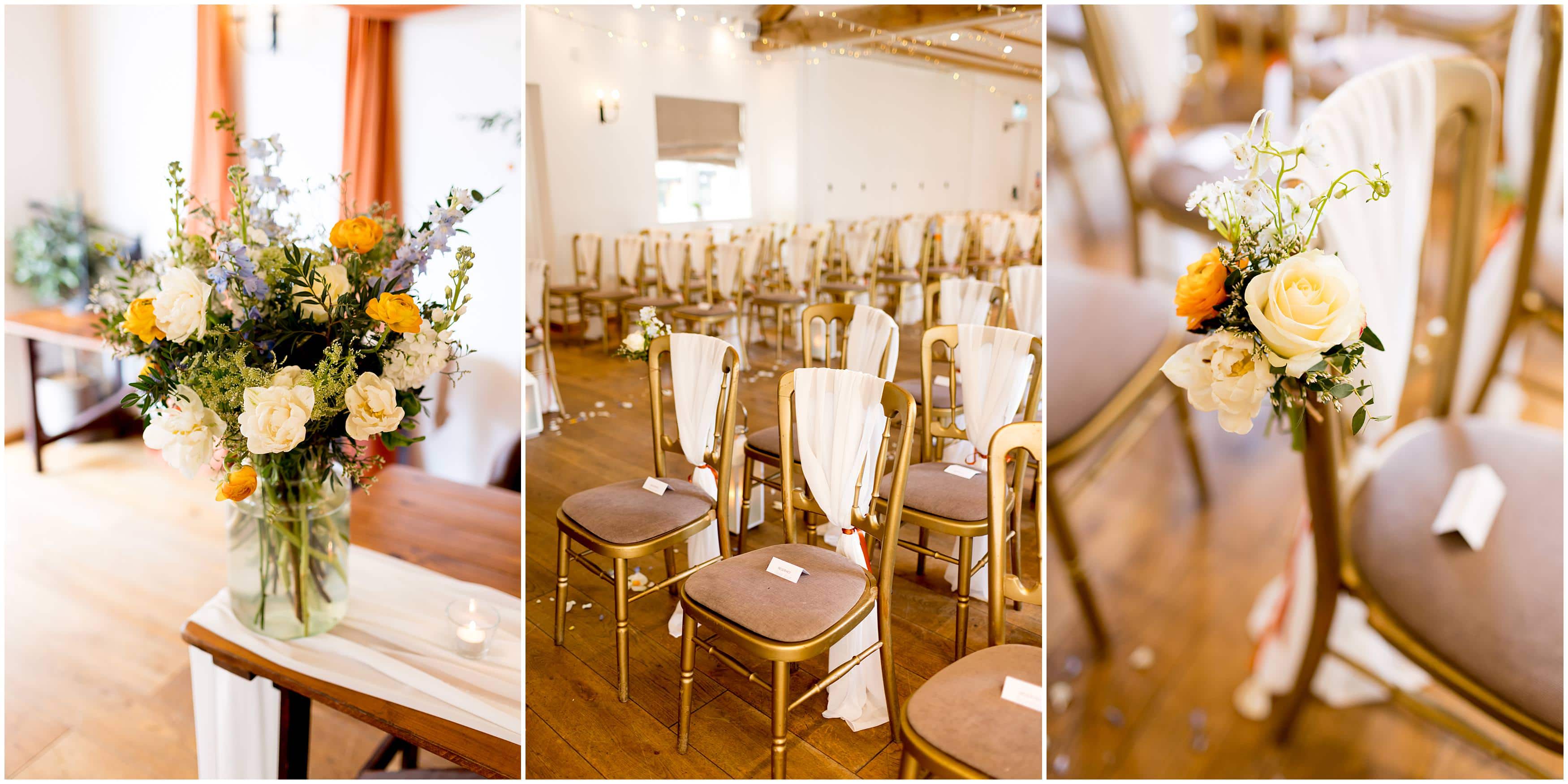White and peach wedding flowers decor at Burley Manor
