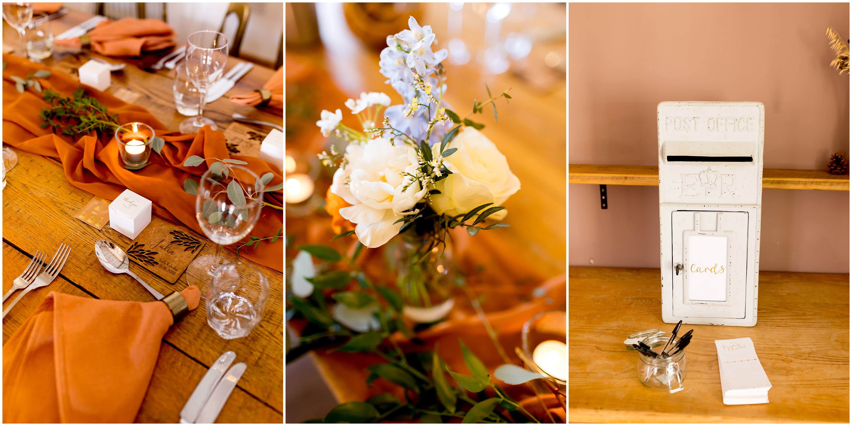 Orange wedding decor details at wedding reception