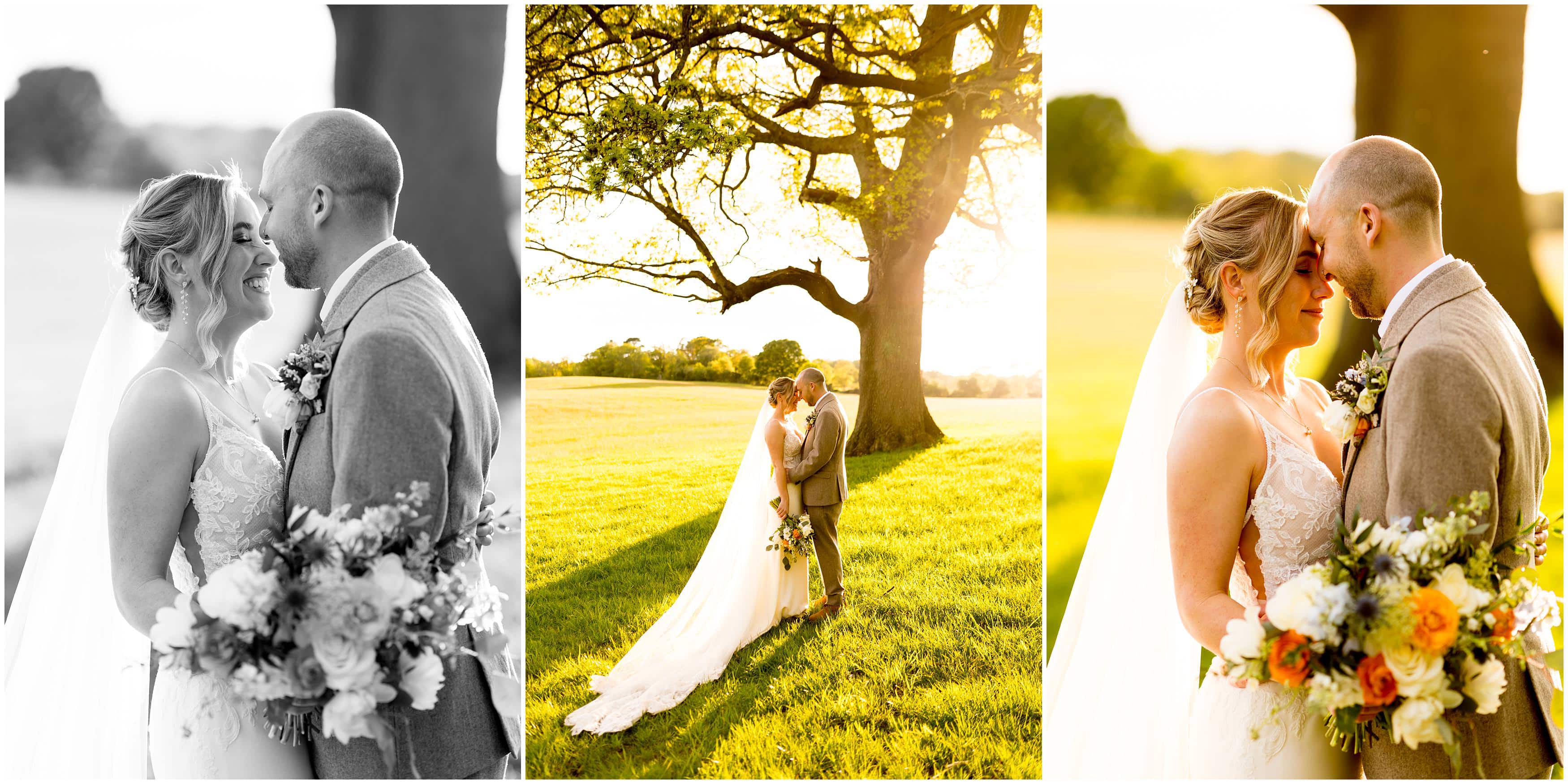 Sunset romantic wedding photos at Burley Manor
