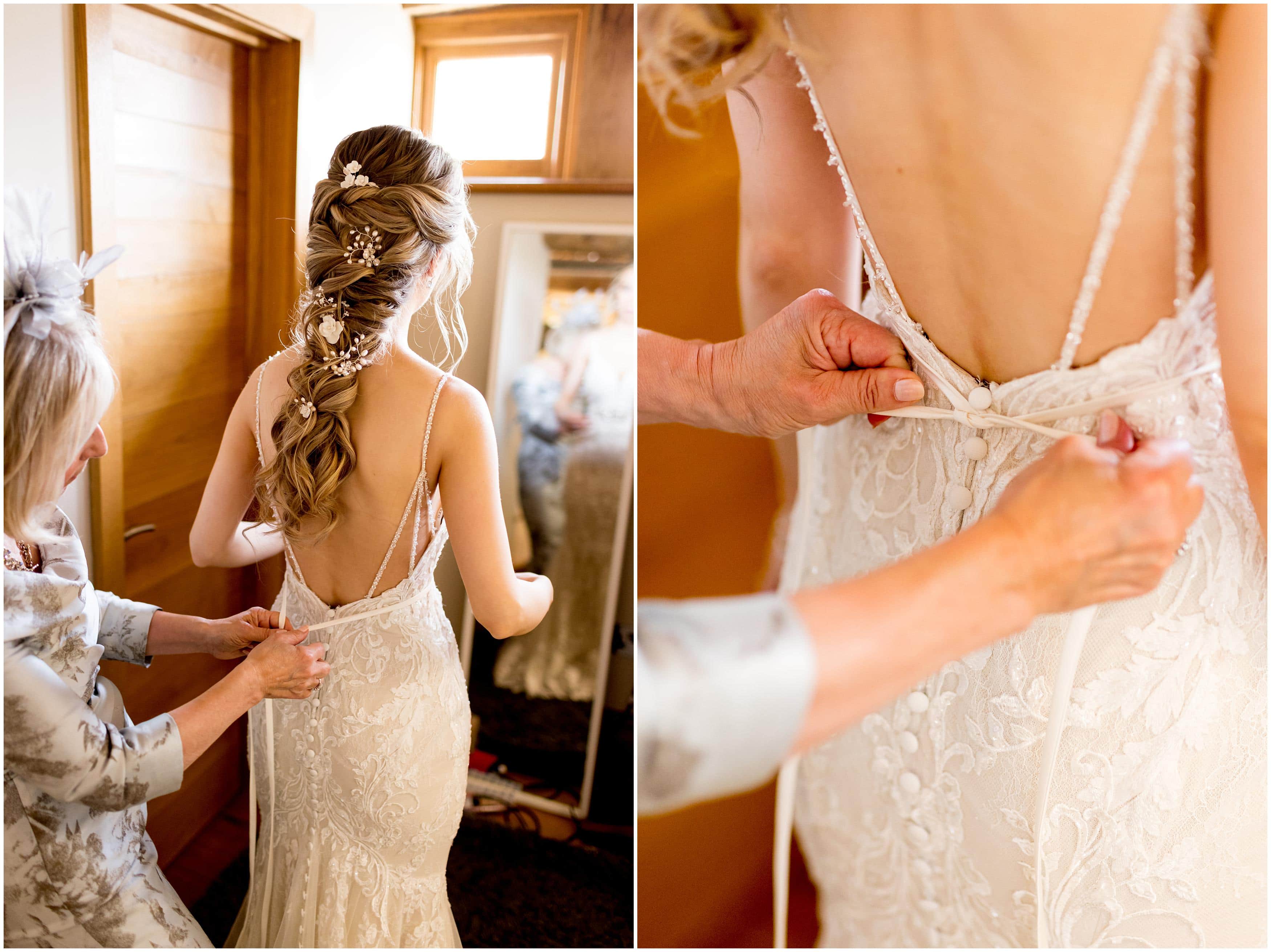 Bride getting dressed in bridal suite