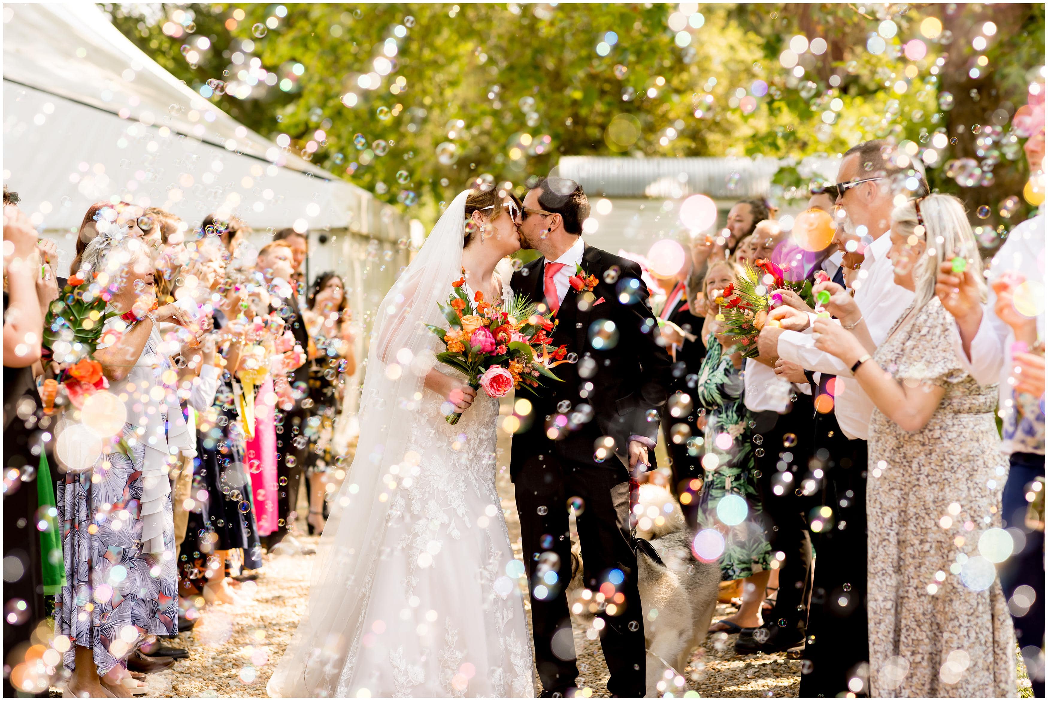 bubble confetti with bride and groom