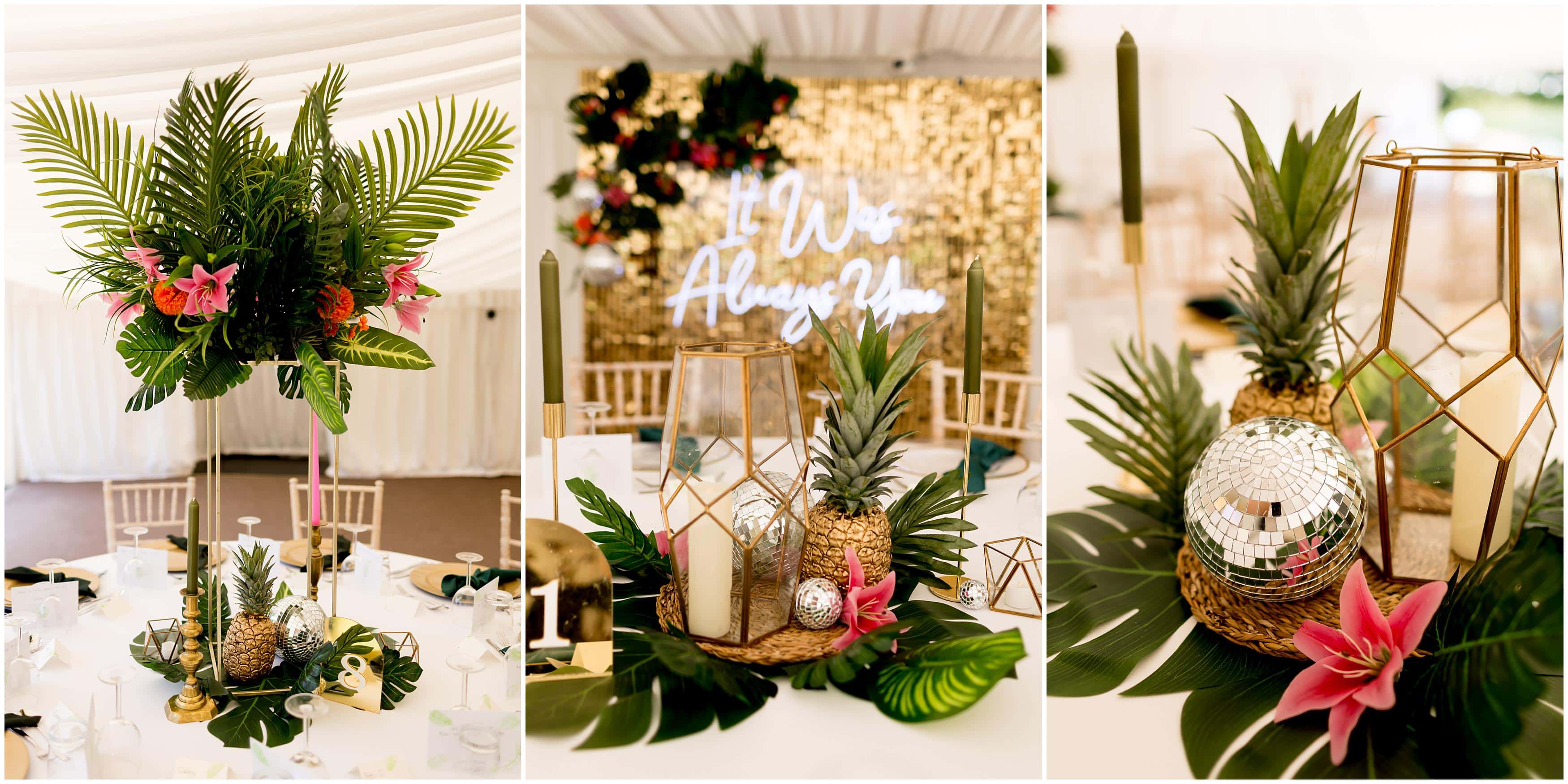 pineapple and disco balls wedding decor