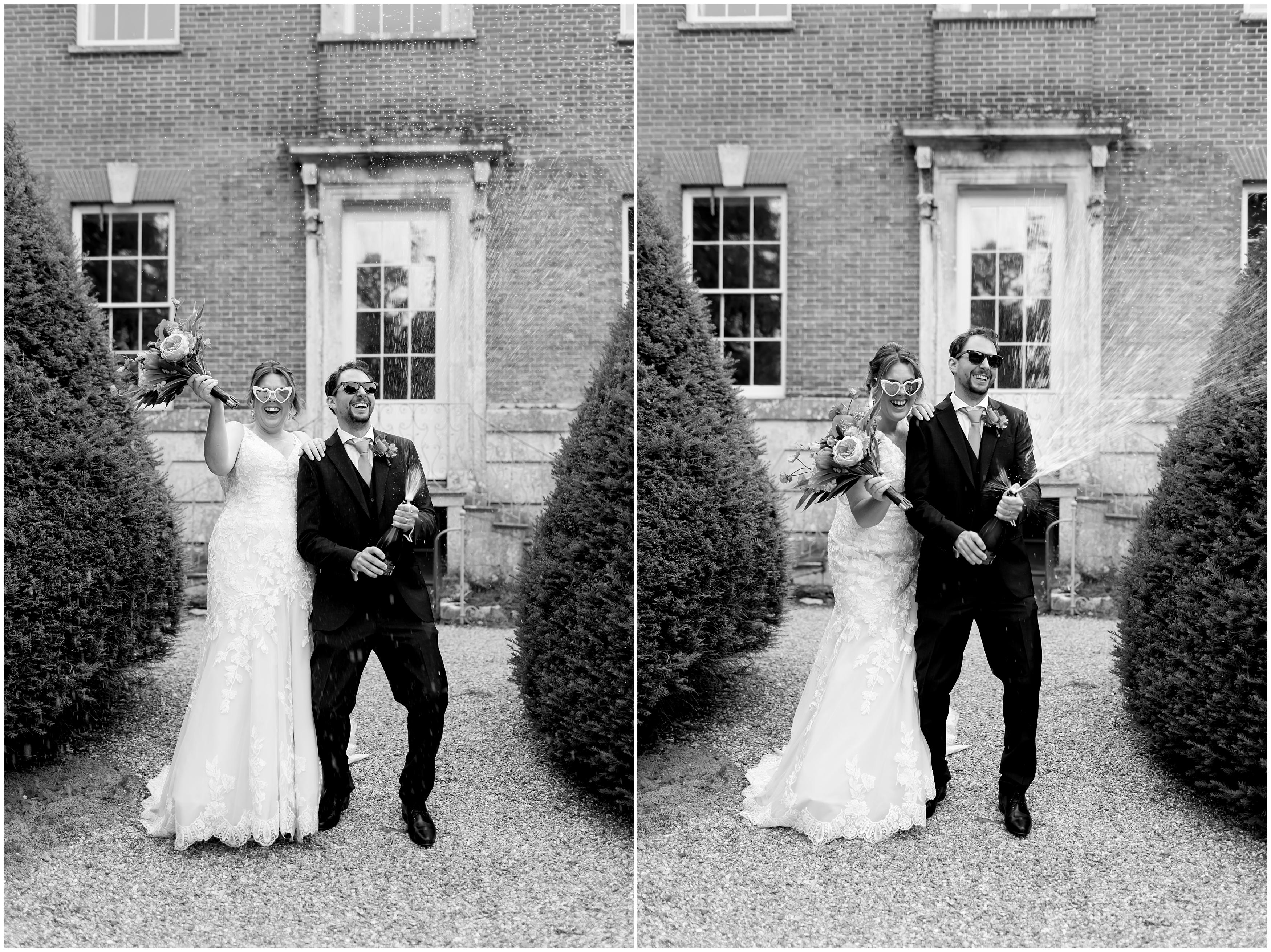 champagne spray with bride and groom