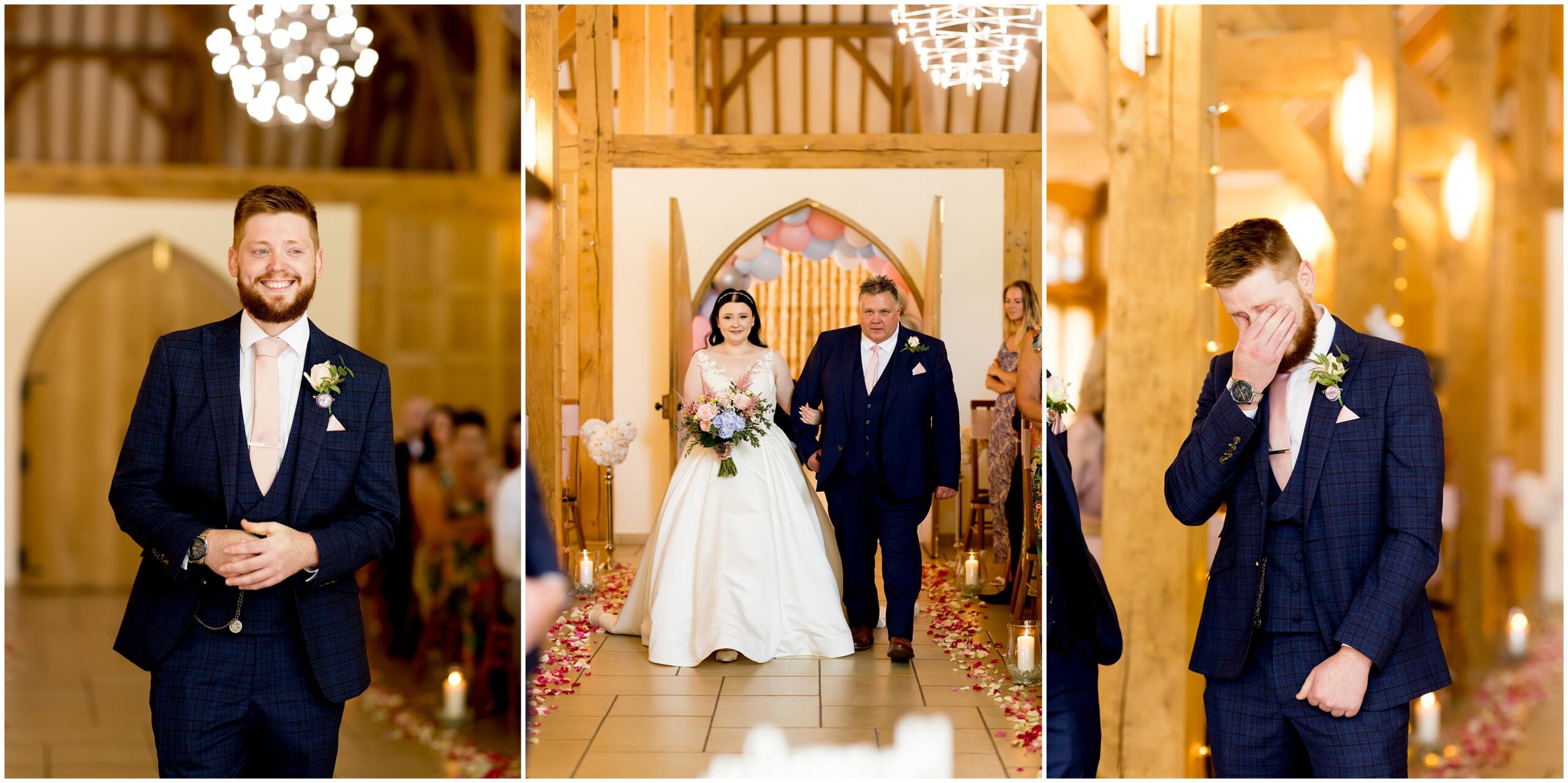bride walking down the aisle, groom crying