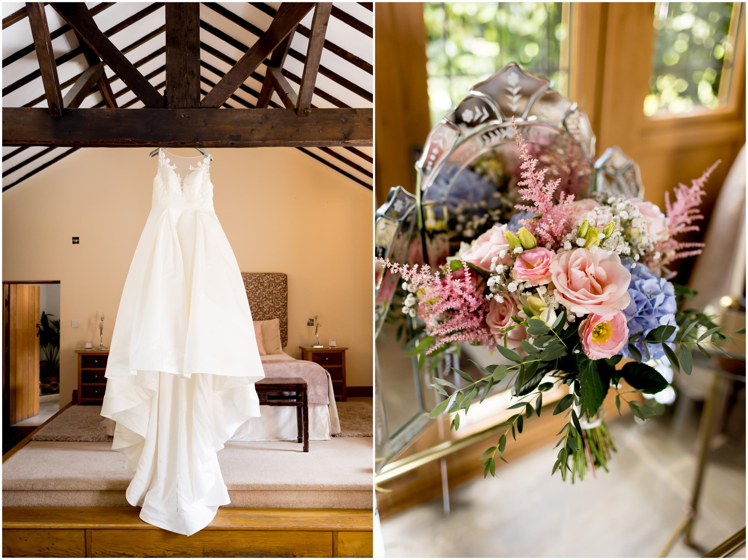 bridal suite at rivervale barn with wedding dress & flowers