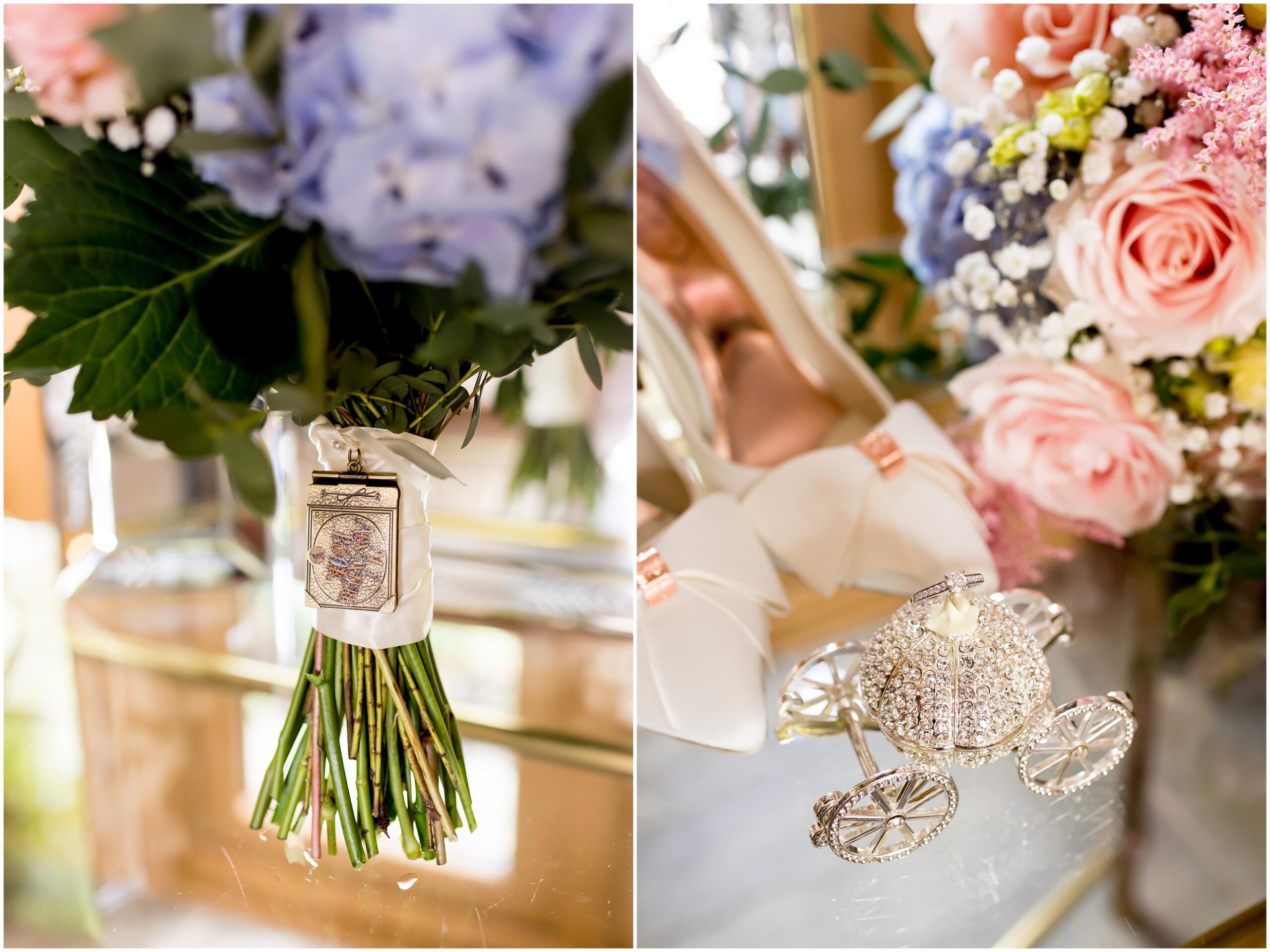 bridal bouquet with Disney Up book and ring with horse and carriage box